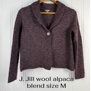 J.Jill Wool Womens Medium Alpaca Shawl Collar Cardigan Purple Heather Button Up